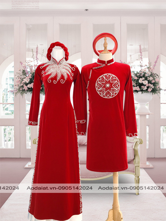 áo dài đôi nhung đỏ dành cho dâu và rễ